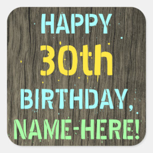 Sticker Carré Faux Wood, Peint Texte Look, 30e anniversaire + No