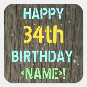 Sticker Carré Faux Wood, Peint Texte Look, 34e anniversaire + No