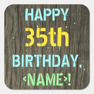 Sticker Carré Faux Wood, Peint Texte Look, 35e anniversaire + No