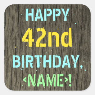 Sticker Carré Faux Wood, Peint Texte Look, 42e anniversaire + No