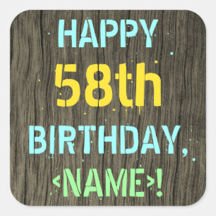 Sticker Carré Faux Wood, Peint Texte Look, 58e anniversaire + No