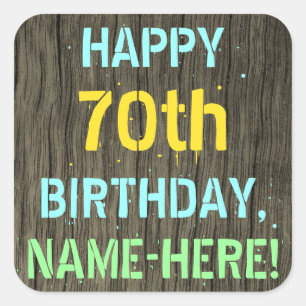 Sticker Carré Faux Wood, Peint Texte Look, 70e anniversaire + No