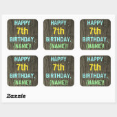 Sticker Carré Faux Wood, Peint Texte Look, 7e anniversaire + Nom (Feuille)