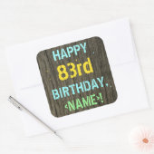 Sticker Carré Faux Wood, Peint Texte Look, 83ème anniversaire + (Enveloppe)