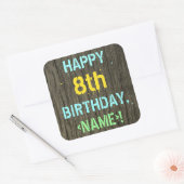 Sticker Carré Faux Wood, Peint Texte Look, 8e anniversaire + nom (Enveloppe)