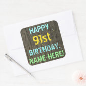 Sticker Carré Faux Wood, Peint Texte Look, 91e anniversaire + No (Enveloppe)