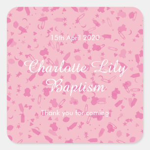 Sticker Carré Faveur de baptême de confettis rose bébé