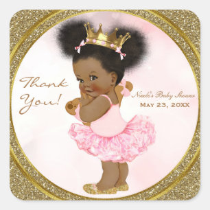 Sticker Carré Faveur de bébé princesse vintage paillettes or ros