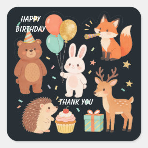 Sticker Carré Faveur de fête d'anniversaire d'animal de la forêt