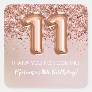 Sticker Carré Faveur de fête d'anniversaire de 11 ans pour fille