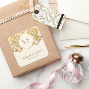 Sticker Carré Faveur de mariage à monogramme en dentelle de feui