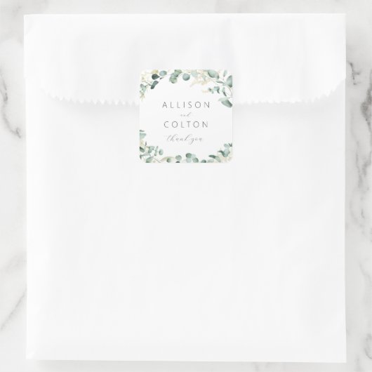 Sticker Carré Faveur de mariage bohème en eucalyptus rustique (Sac)