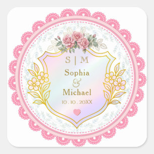 Sticker Carré Faveur de mariage Fleur de rose florale rose vinta