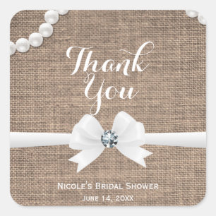 Sticker Carré Faveur de mariage rustique chic Burlap & Pearls