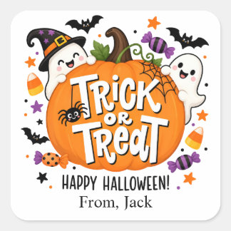 Sticker Carré Faveur Halloween Citrouille | Récompense pour la c