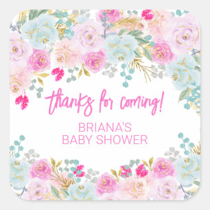 Sticker Carré Faveurs de Baby Shower Garçon Fleurs Roses