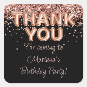 Sticker Carré Faveurs de fête d'anniversaire Rose Gold Black