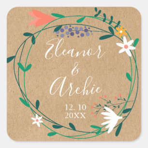 Sticker Carré Favor de mariage Couronne florale de campagne rust