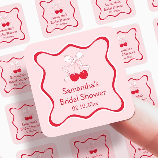 Sticker Carré Favori de Fête de Mariage Ruban sur Cerise Rose Ro