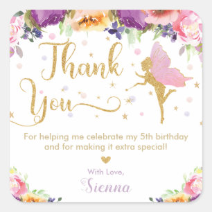 Sticker Carré Fée Anniversaire Pink Purple Floral Merci Favoris