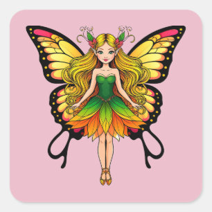 Sticker Carré Fée Colorée Avec Des Ailes De Papillon Vibrantes