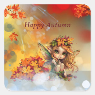Sticker Carré Fée d'automne mignonne avec Feuilles tombés