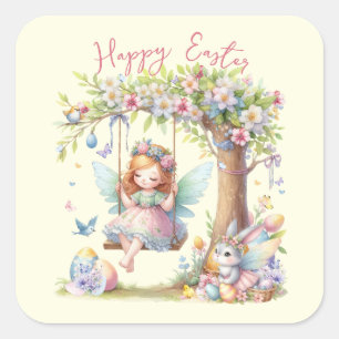 Sticker Carré Fée de printemps de Pâques à l'aquarelle