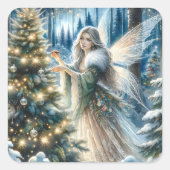 Sticker Carré Fée et sapin de Noël dans la forêt enchantée (Devant)