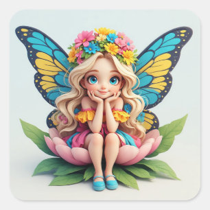 Sticker Carré Fée Fille aux Ailes de Papillon Assise dans un Jar