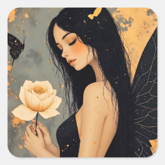 Sticker Carré Fée gothique avec ailes blanches et rose  
