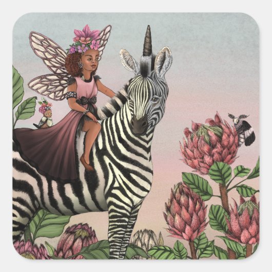 Sticker Carré Fée rose mignonne sur Zebra Unicorn Floral Art (Devant)