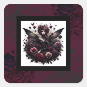 Sticker Carré Fées de forêt gothique foncée Floral Roses Bourgog