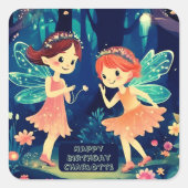 Sticker Carré Fées Jouant Dans La Forêt Enchantée Anniversaire (Devant)