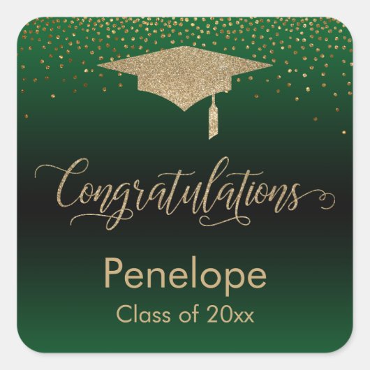 Sticker Carré Félicitations Gold Confetti Graduation Green (Devant)