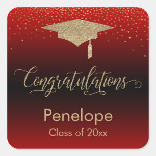 Sticker Carré Félicitations Gold Confetti Graduation Red
