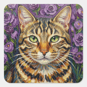 Sticker Carré Félin et floral Chat tigré gris mignon artistiqu