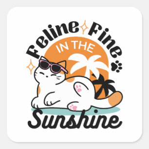 Sticker Carré Feline fin au soleil - Chat Tropical relaxé