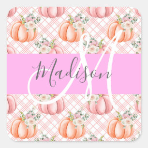 Sticker Carré Féminin Chic Fleur Rose Pêche Citrouille Monogramm