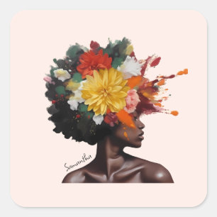 Sticker Carré Femme afro-américaine aux cheveux noirs floraux (2