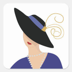 Sticker Carré Femme Art Déco des années 1930 en large chapeau no