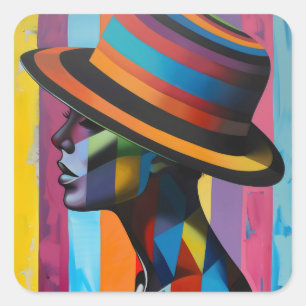 Sticker Carré Femme au chapeau coloré 4 Silhouette saisissante