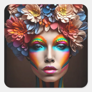 Sticker Carré Femme au maquillage lumineux et couronne de fleurs