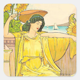 Sticker Carré Femme au Tournesol Art Nouveau Illustration Vintag