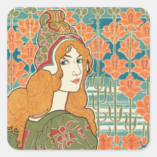 Sticker Carré Femme aux Cheveux Roux Lys Orange Impression d'Art