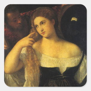 Sticker Carré Femme avec un miroir par Titien, Renaissance vinta