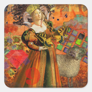 Sticker Carré Femme Bélier Orange : Collage d'art antique gothiq