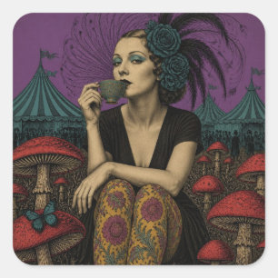 Sticker Carré Femme boit du thé au cirque