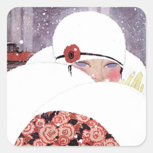 STICKER CARRÉ FEMME DANS LA NEIGE, MODE DE BEAUTÉ HIVER (Devant)