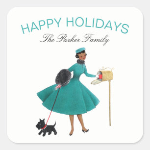 Sticker Carré Femme de Noël rétro vintage avec Scotty Dog