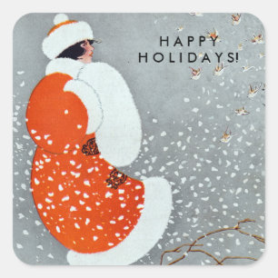 Sticker Carré Femme de Noël Vintage en manteau rouge avec oiseau